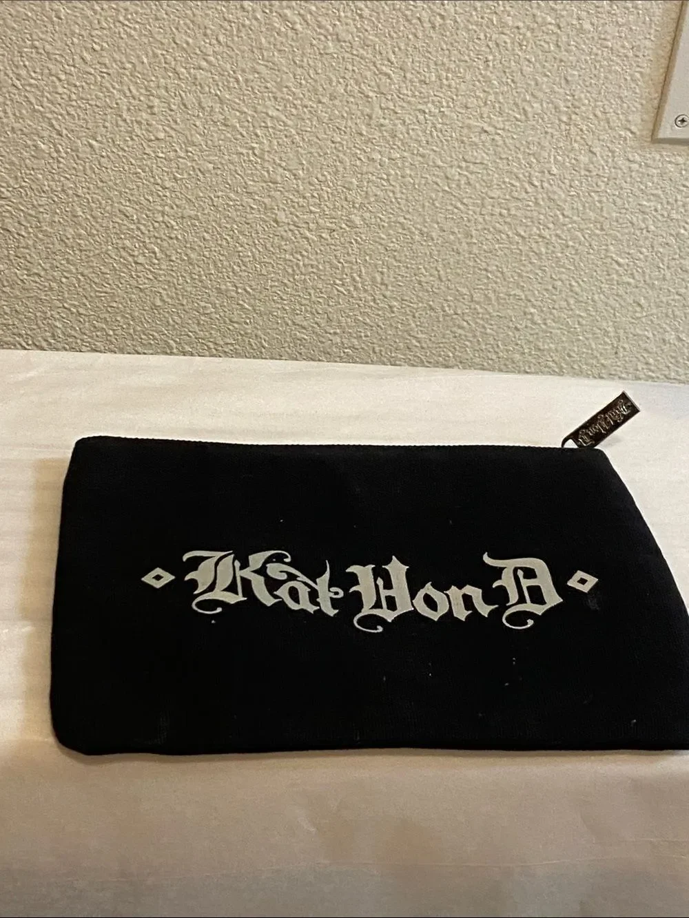 Kat Von D Black Canvas Logo Zip Pouch with Silver Hardware Sz 9.5”X6.5”
